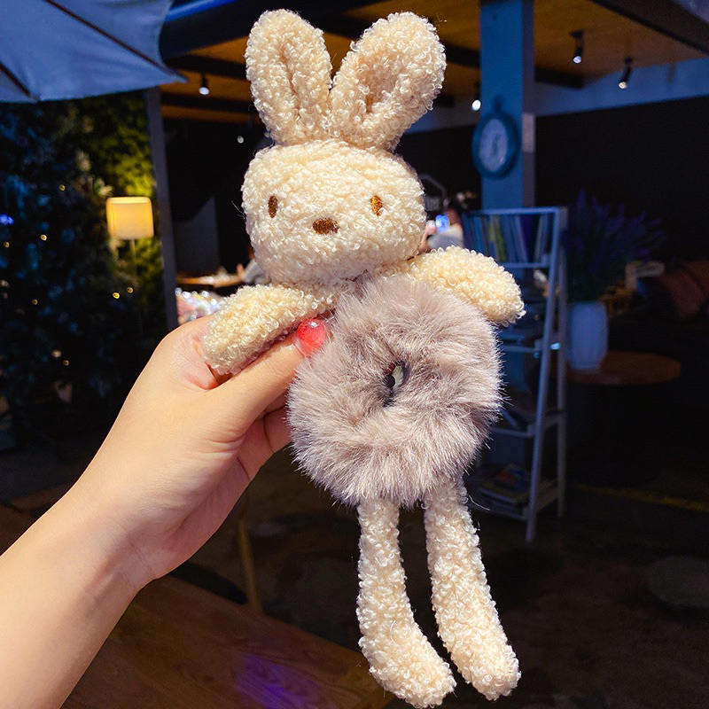 Ikat Rambut Boneka Bunny Scrunchie Bulu Korea Plush Bear Fluffy Faux Fur Ball Scrunchies