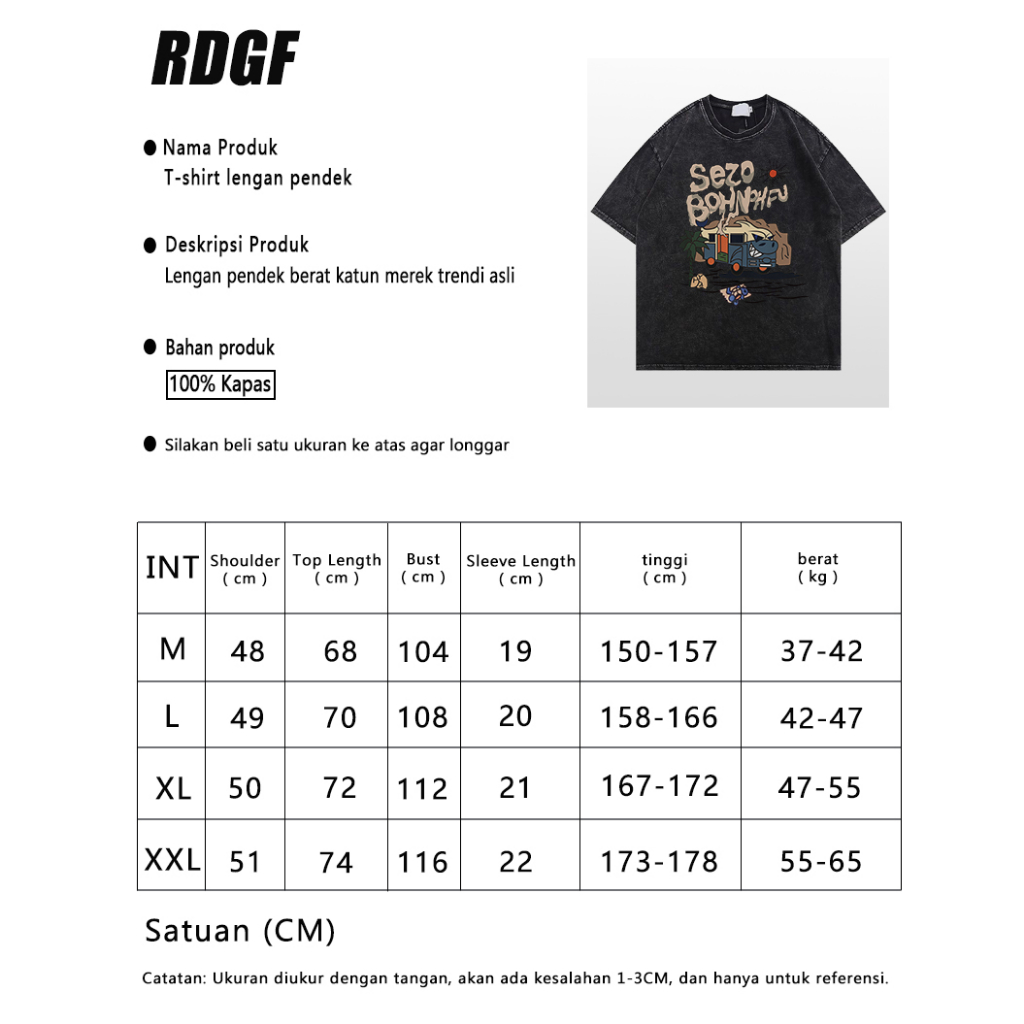 RDGF Oversized Washed T-shirt kaos hitam Kaos retro Amerika/A0501