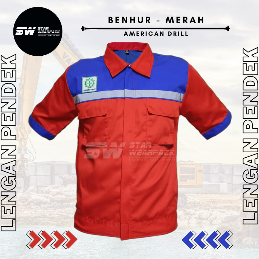 Star Wearpack - Baju Kerja Proyek Seragam Kerja Lapngan Warna Merah Kombinasi Benhur Lengan Pendek