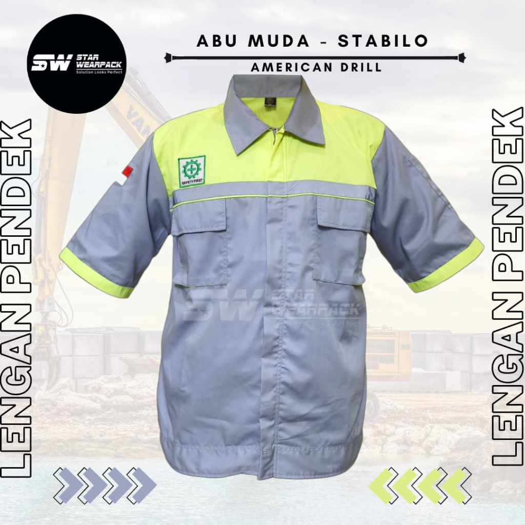 Star Wearpack - Baju Kerja Proyek Lengan Pendek Warna Abu Muda Kombinasi Stabilo