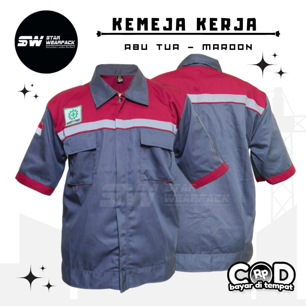 Star Wearpack - Seragam Kerja Proyek Warna Abu Tua Kombinasi Maroon Lengan Pendek