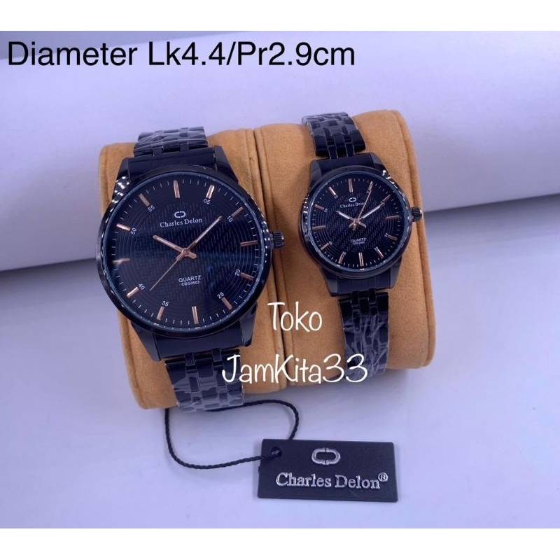 JAM TANGAN COUPLE CHARLES DELON ORIGINAL RANTAI FULL BLACK