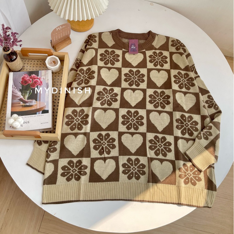 Klover Oversize Sweater Rajut Wanita Motif Bunga