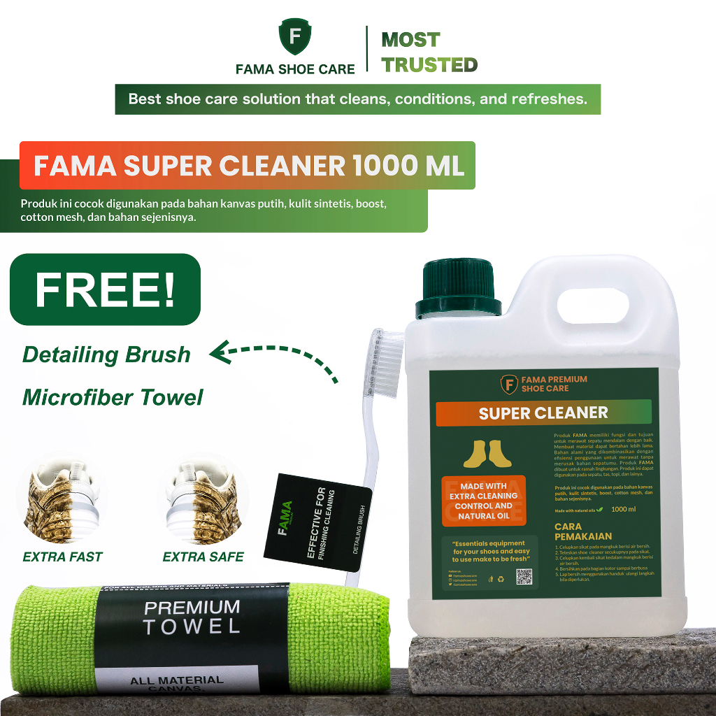 Fama Shoe Care - Super Cleaner 1 Liter - Bonus Lap+Sikat Detailing - Fama Shoes Cleaner - Shoe Cleaner