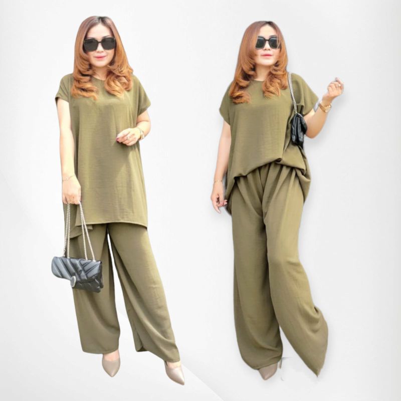 New One Set Crinkle Setelan Polos Lengan Pendek Baju Celana