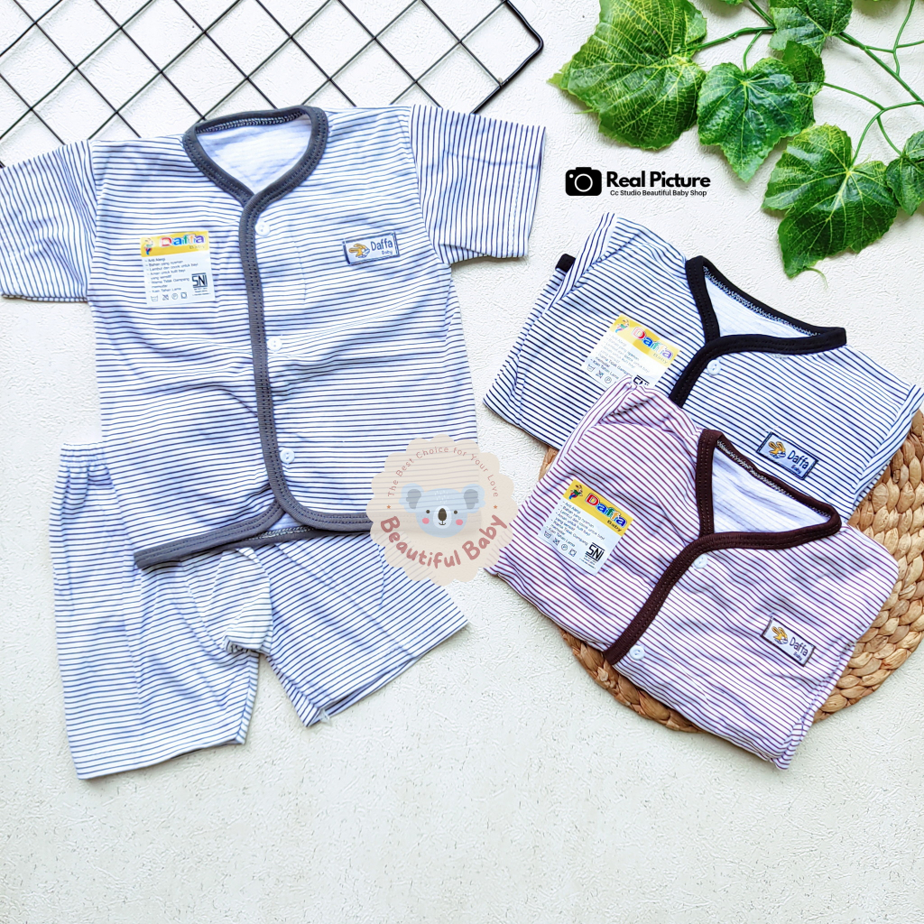 PREMIUM Setelan Baju Bayi Lengan Pendek Celana Pendek SNI Motif Salur / Kaos Oblong Bayi Kancing Depan / Setelan Harian Bayi Merk Daffa / Baby.ou