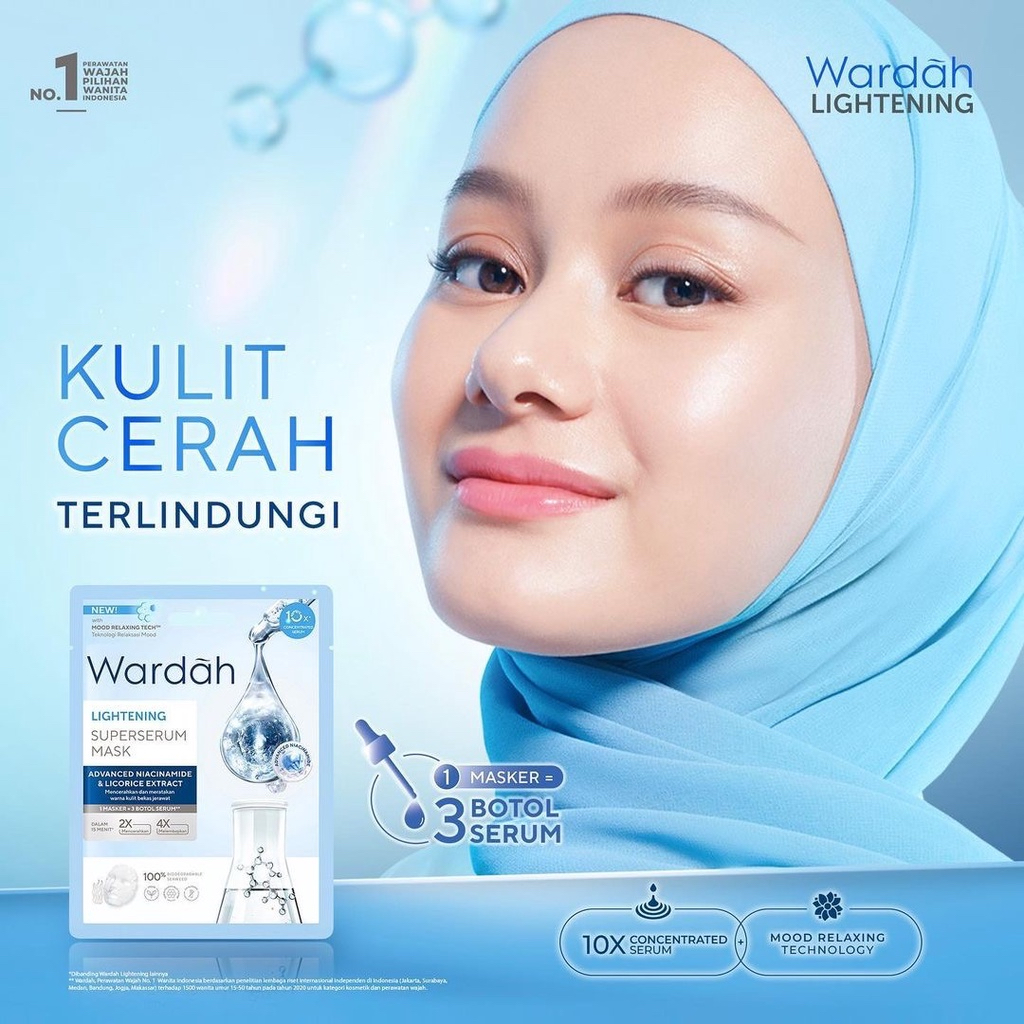 WARDAH Superserum Mask Lightening &amp; Acnederm Indonesia / Masker Wajah Paket 1 Set isi 2 Pcs x 20ml / Advanced Niacinamide &amp; Licorice Extract / Salicylic Acid &amp; Tea Tree Oil / Skincare Series / Bundle / Crystal Secrets C-Defence Perfect Bright Nature Daily