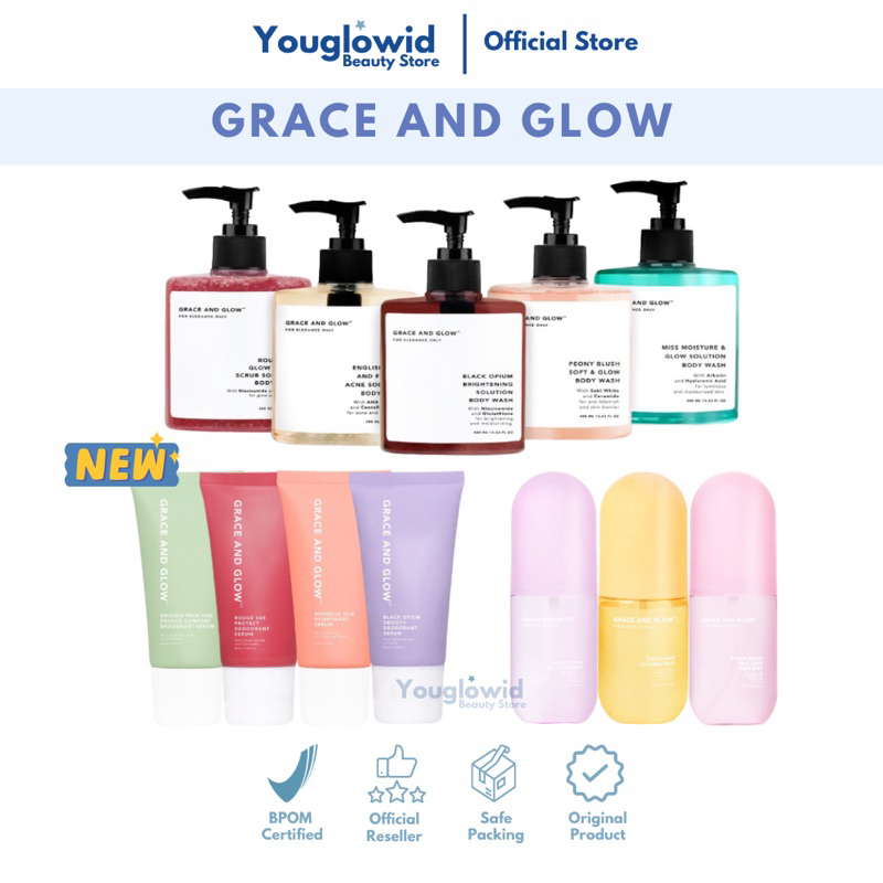GRACE AND GLOW Bodwash Shower Gel Sabun Mandi Cair Deodorant Roll On Serum Pencerah Ketiak Perfume Hair Mist Parfum Rambut Spray Skincare Bodycare Pelembab Pengharum Kulit Tubuh Badan Ketiak Rambut Kering Bercabang Niacinamide Glutation Viral BPOM