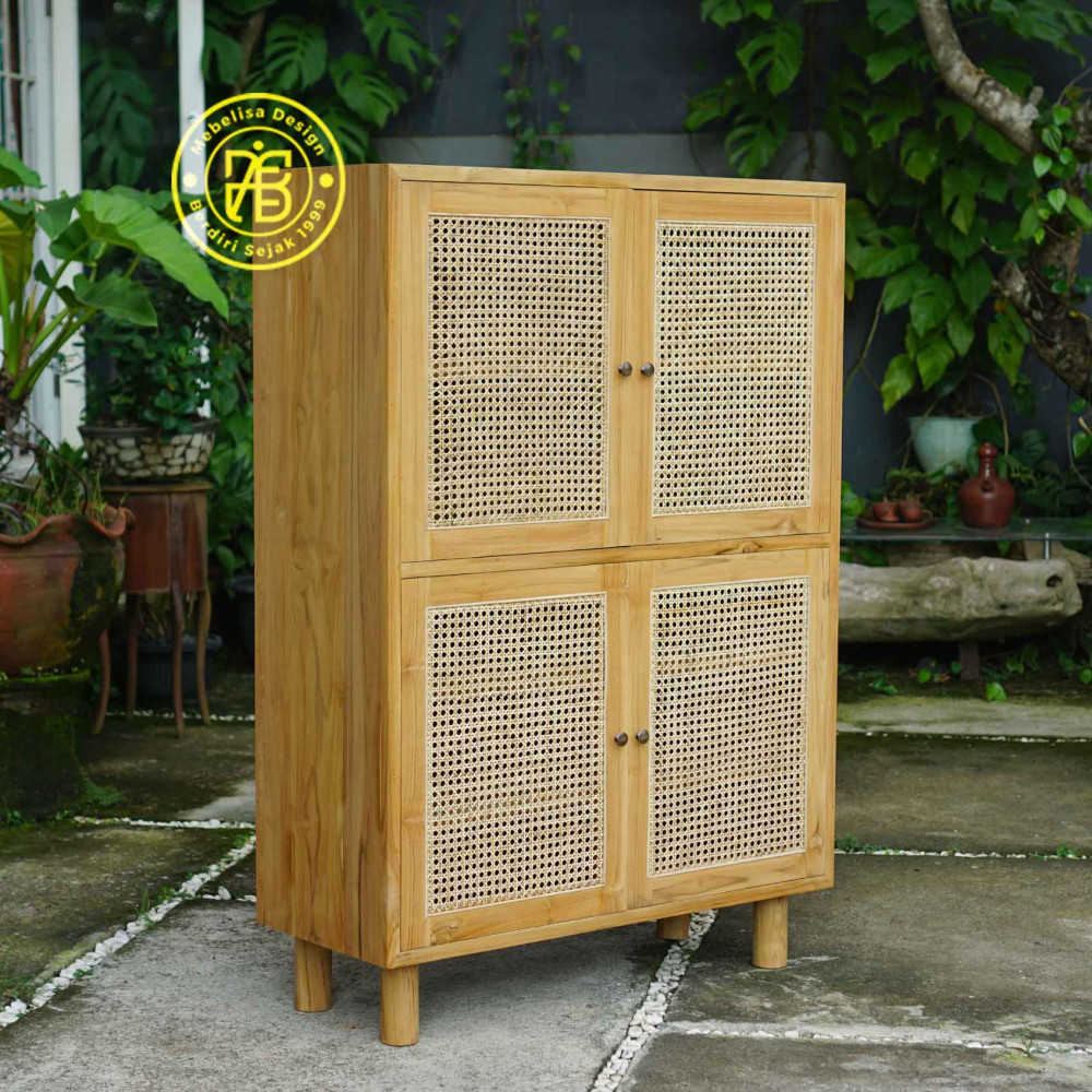 Lemari Rak Sepatu Sandal Kayu Jati Kombinasi Anyaman Rotan 4 Pintu