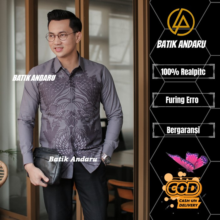 Baju Kemeja Batik Pria Slimfit Lengan Panjang Modern Heem Premium Bahan Katun Primsima Warna Abu Abu Hitam