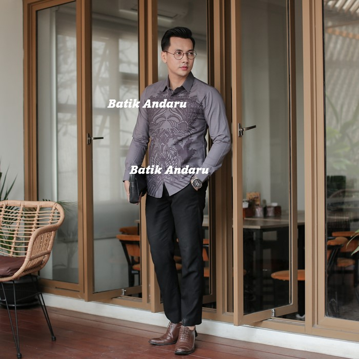 Baju Kemeja Batik Pria Slimfit Lengan Panjang Modern Heem Premium Bahan Katun Primsima Warna Abu Abu Hitam