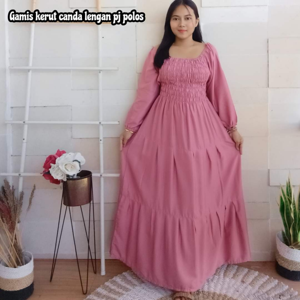 Gamis kerut canda lengan panjang polos