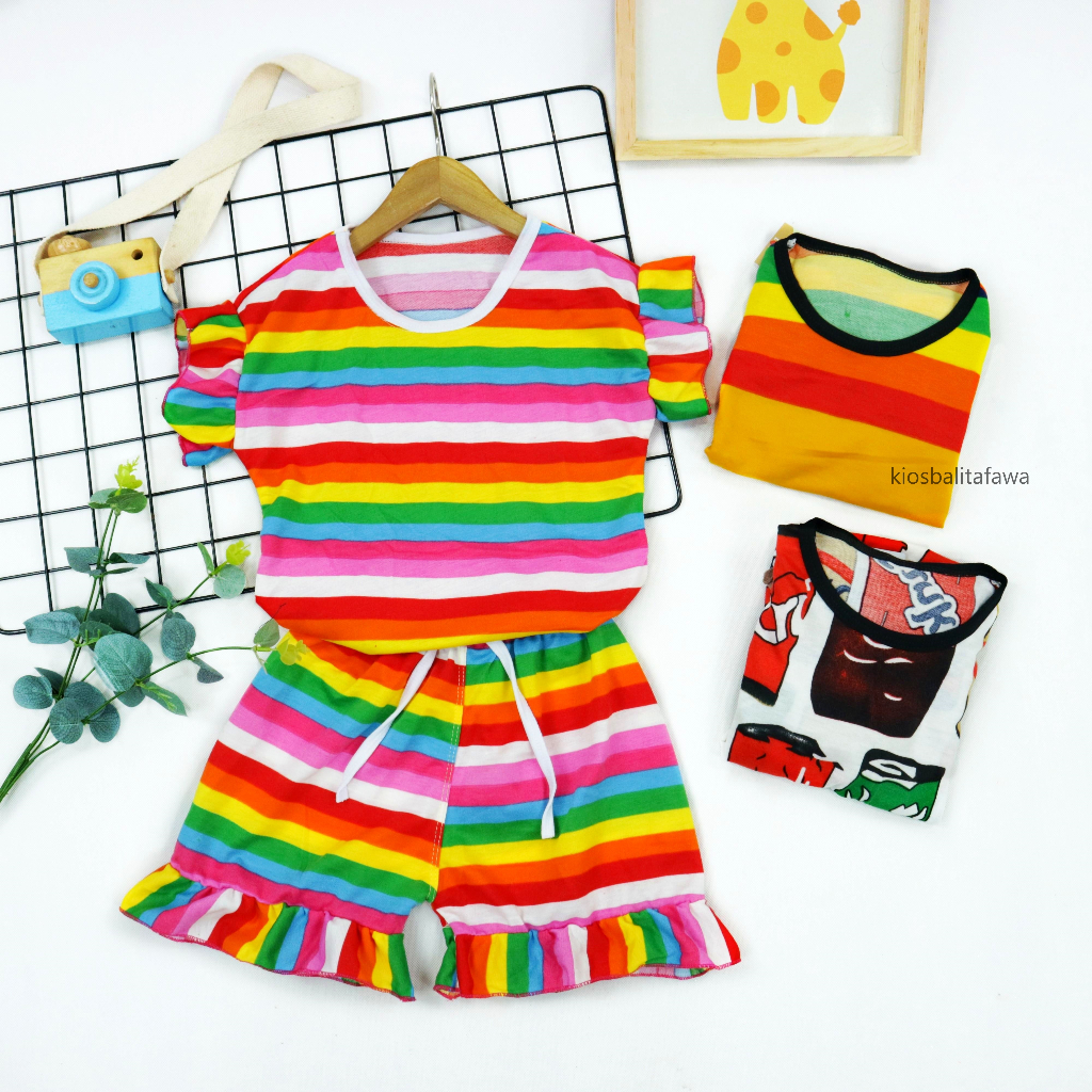 Set Cherry uk Bayi - 4 Tahun / Setelan Pendek Anak Perempuan Kaos Salur Baby Baju Tidur Bayi Celana Pendek Babycinnamon