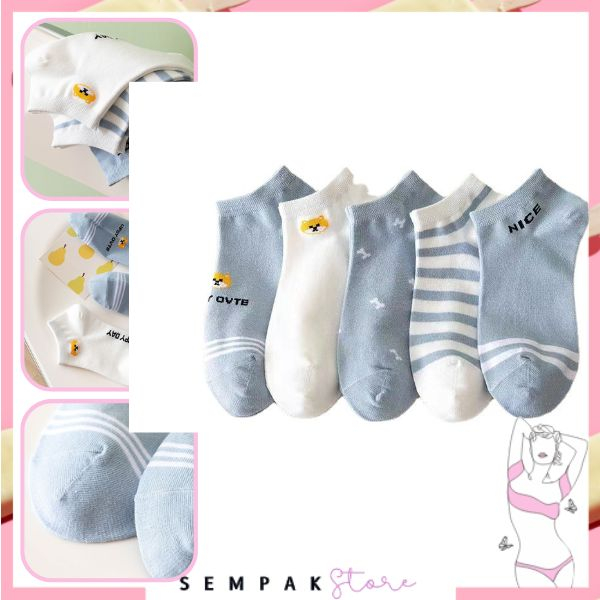 SS Kaos Kaki Wanita 6792 Motif Beruang Kaos Kaki Ankle Semata Kaki Motif blue Bear Garis Biru Kaos Kaki Pendek Love Fashion Wanita