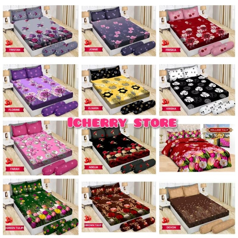 Set 3in1 Sprei Bonita Disperse 3D Bantal 4 B4 King 180x200 Motif Adelia, Brown Tulip, Devon, Green T