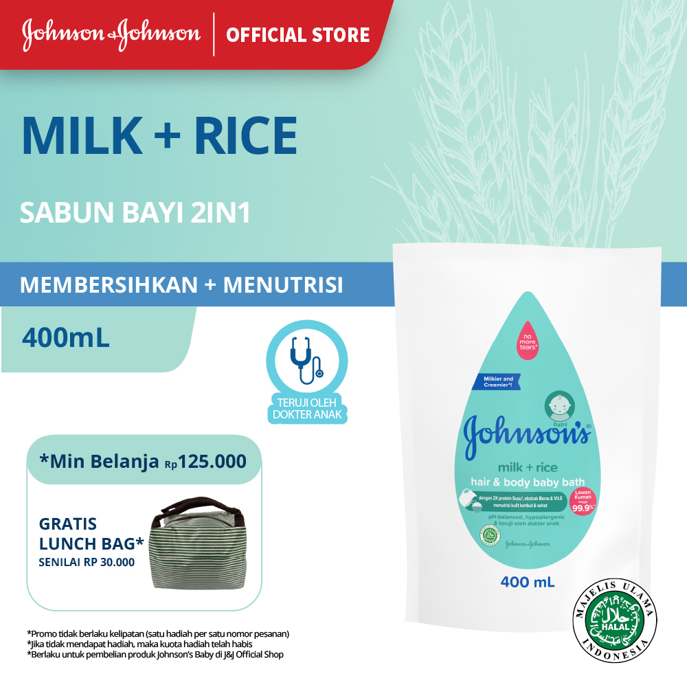 JOHNSON'S Milk + Rice Hair &amp; Body Baby Bath - Sabun Bayi 2in1 Refill 400ml