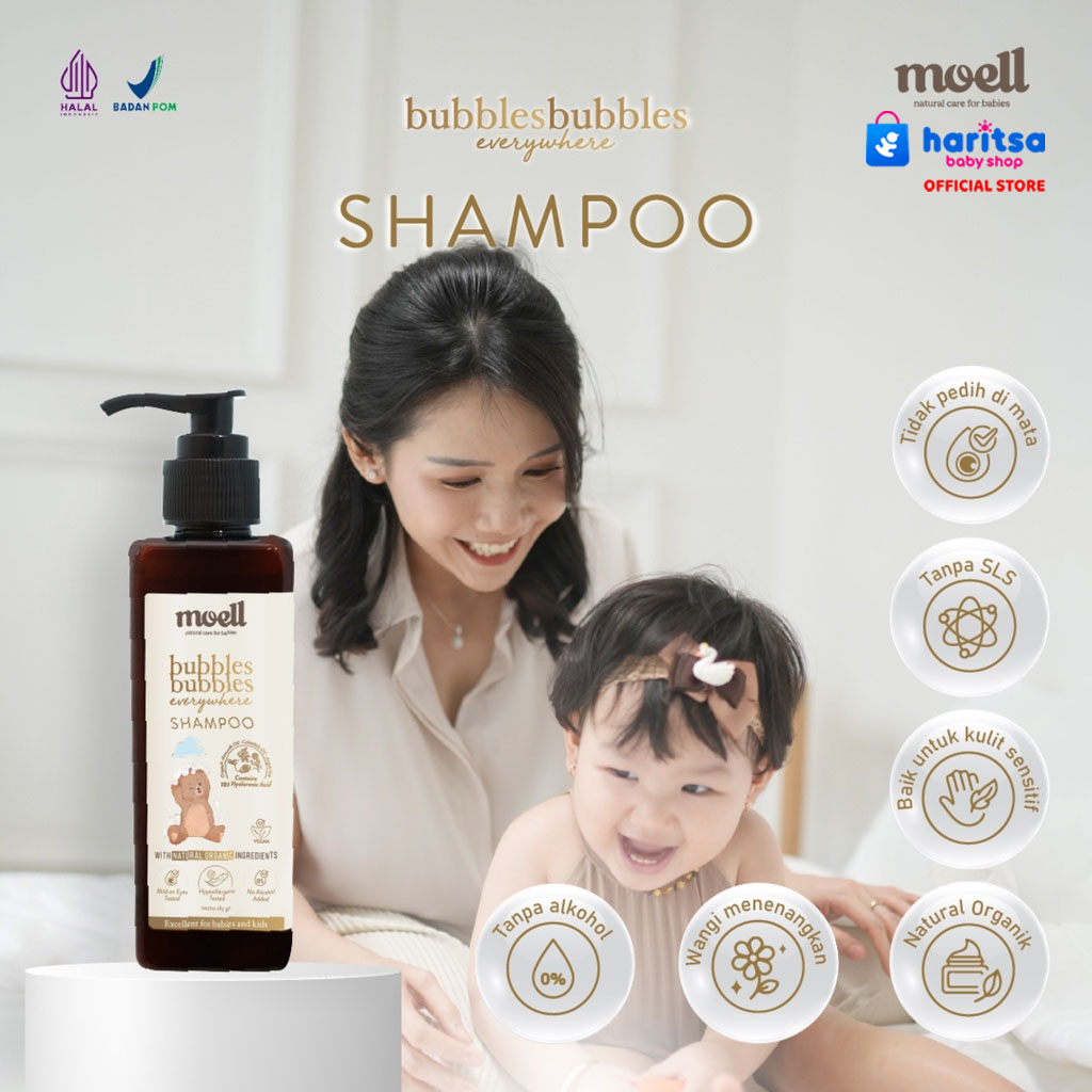 Moell Bubbles Bubbles Everywhere Shampoo/Bodywash 185gr / Shampo bayi / natural organic/ SLS free / Alkohol Free / Essensial Oil