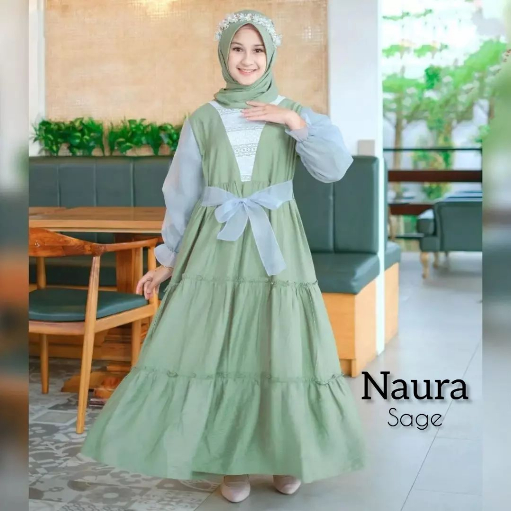 Baju Gamis Anak Perempuan Tanggung Terbagus Kekinian 2023 Naura Kids Plus Jilbab Bahan Crinkle Mix Organza Dan Brukat Malika Dress Syar'i Anak Perempuan Usia 7 8 9 10 11 Tahun Fashion Muslim Anak Cewek