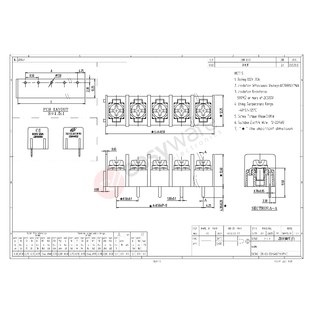 KF8500 8.5mm Terminal Block 3P 3 Pin Terminal Blok KF8500 300V 20A