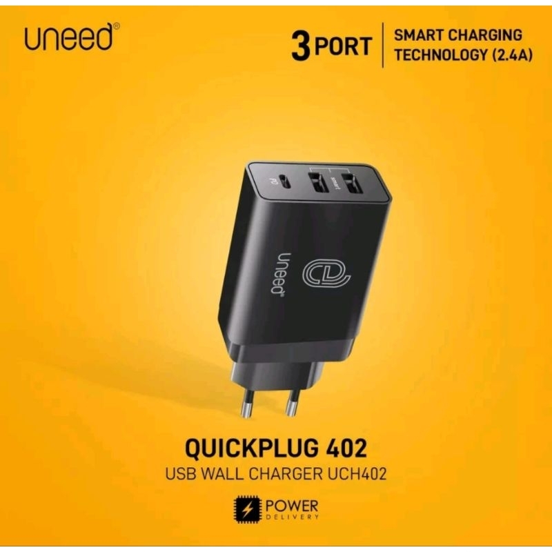 Uneed Quickplug Wall Charger 3 Port Smart Charger With PD - UCH402