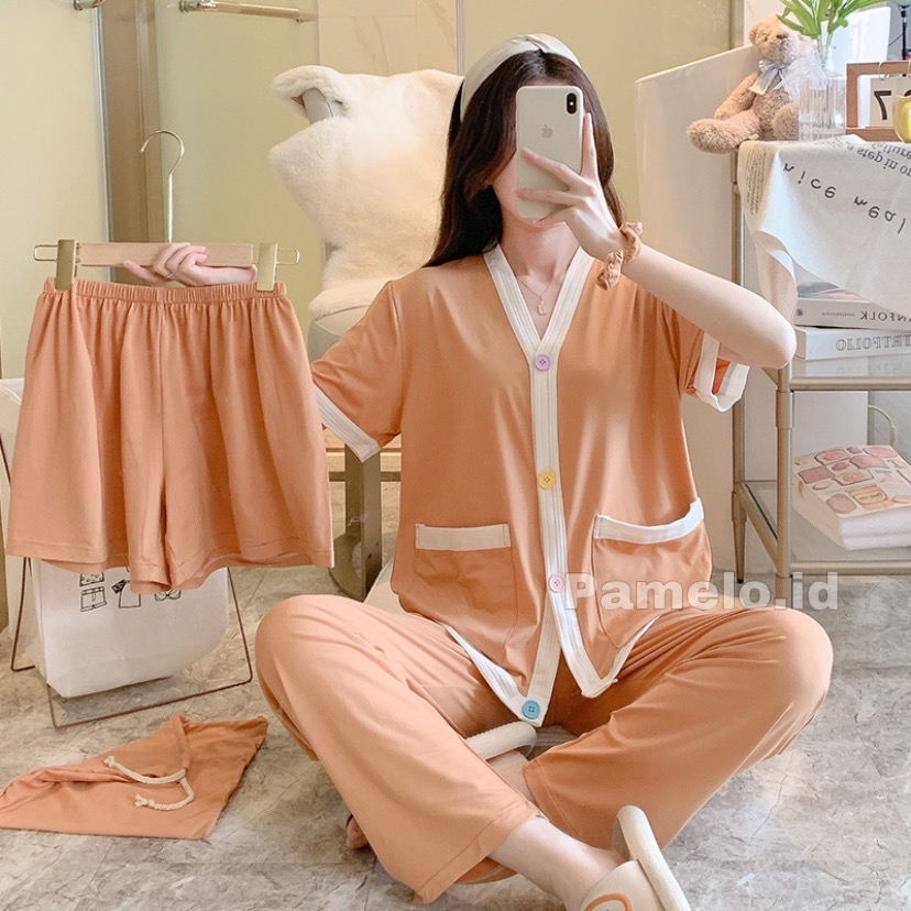 Pamelo Piyama 3in1 Baru Stelan Piyama Import Baju Tidur Import Pakaian wanita Korea Style