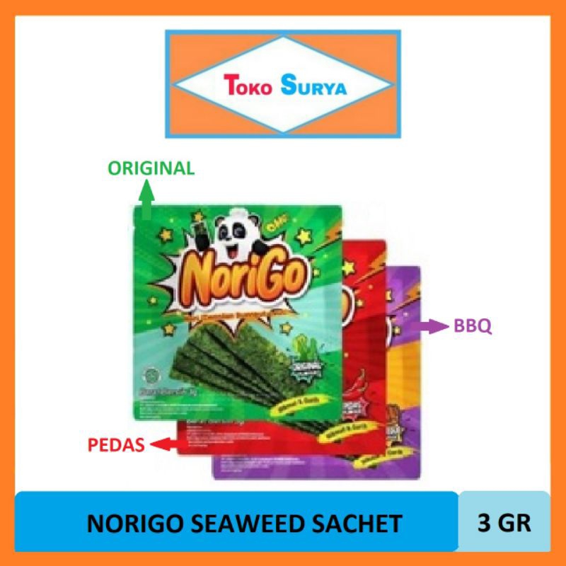 

Norigo Nori Sachet Seaweed Snack Original/Barbeque/Pedas 3 Gr