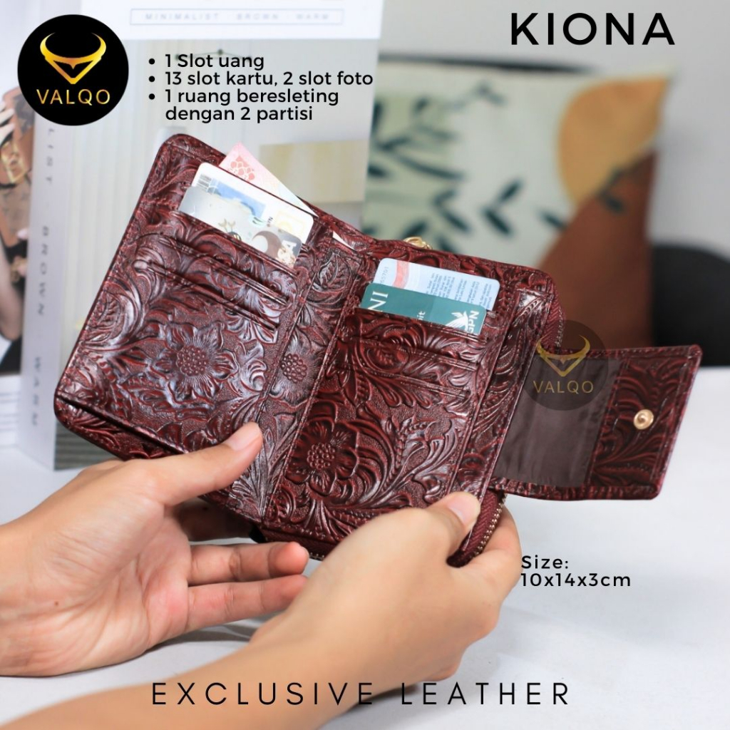 [VALQO] KIONA Batik Dompet Kulit Sapi Wanita 13 Kartu 2 Foto Slot Resleting Dompet wanita Dompet kecil Dompet Pendek