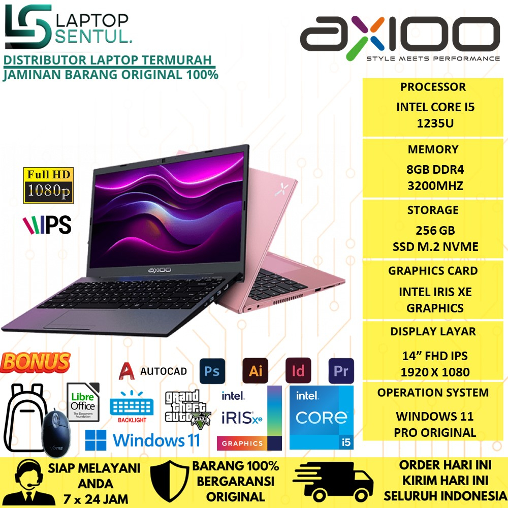 Laptop Axioo Mybook Z10 Metal Intel Core i5 1235U 8GB 256GB FHD IPS Windows 11 Professional Original