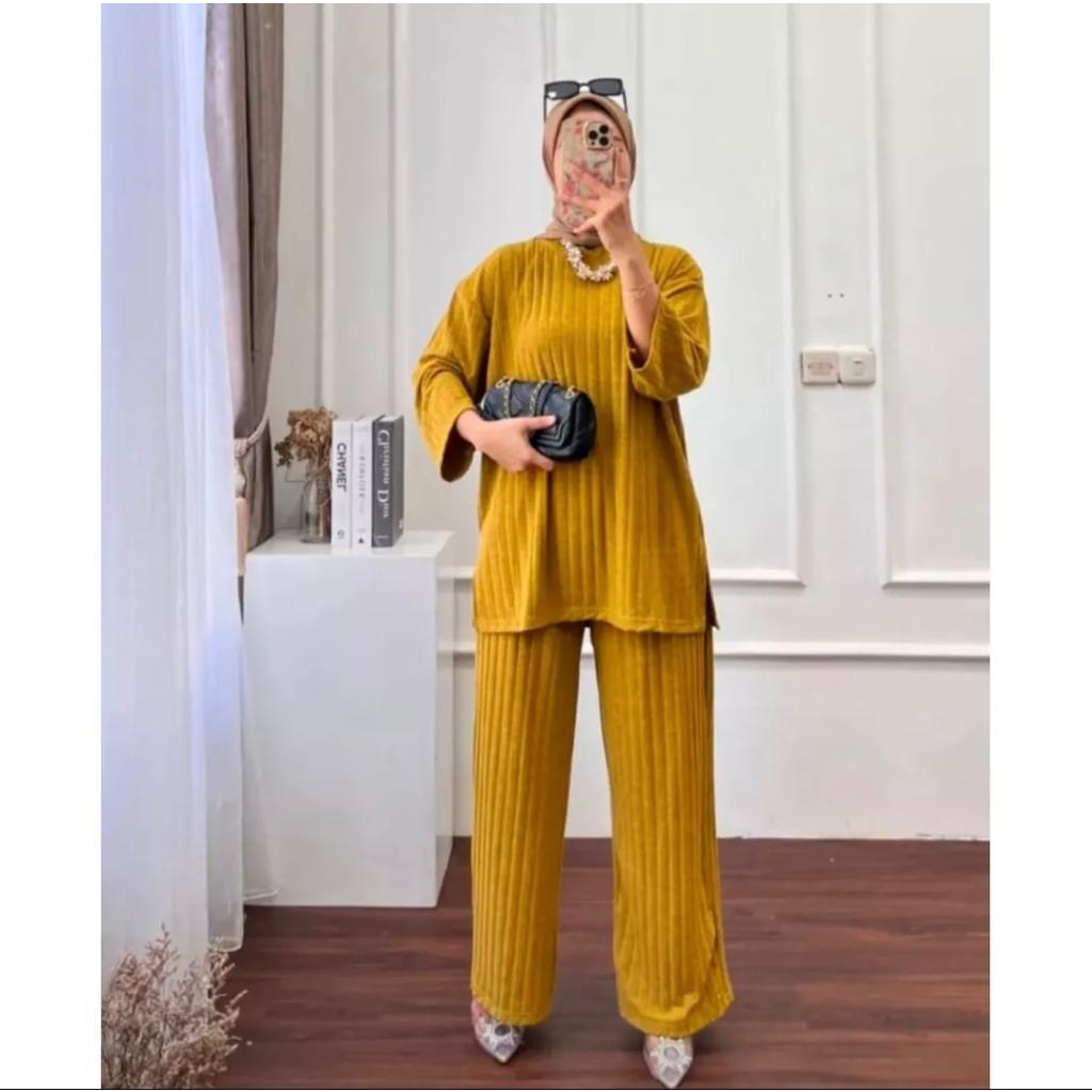 /one set tunik knit terbaru/Setelan Celana Tunik Wanita Kaos Knit Rajut Import Viral Kekinian Terbaru Terlaris Termurah COD