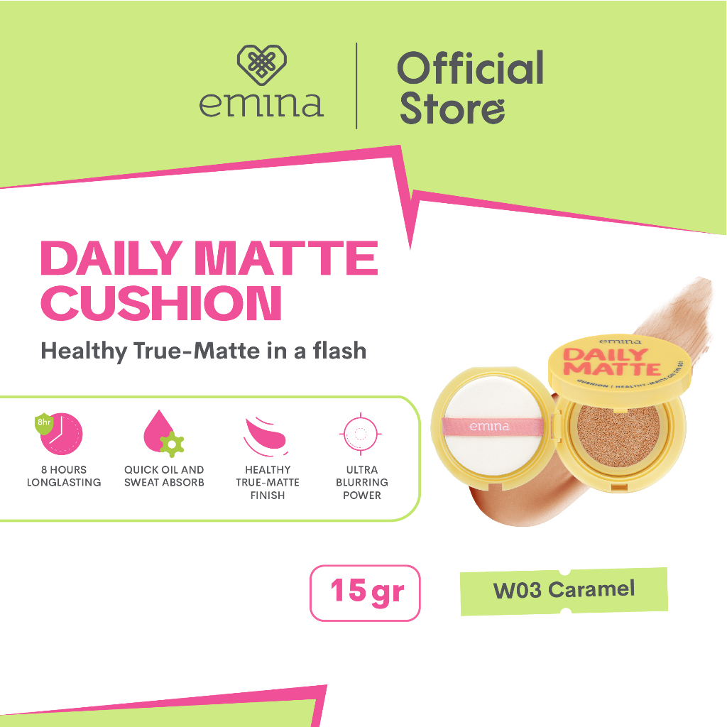 EMINA Daily Matte Cushion Indonesia / Cushion Wajah 15g / Healthy True Matte Finish Quick Oil Sweat 8 Hours Long Lasting Ultra Blurring Power / Light Natural Caramel Mocca Makeup Face Make Up Series / BB Cream Compact Loose Powder Foundation Cusion Bedak