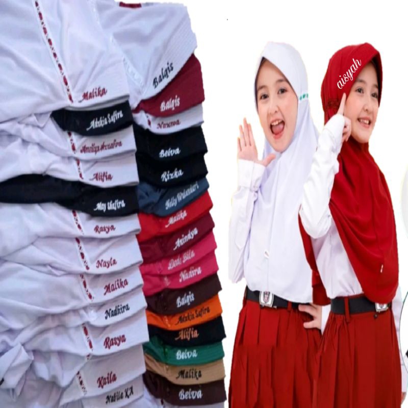 Kerudung anak sekolah Riques bordir nama sukasuka.jilbab anak tk/jilbab anak sd/hijab anak