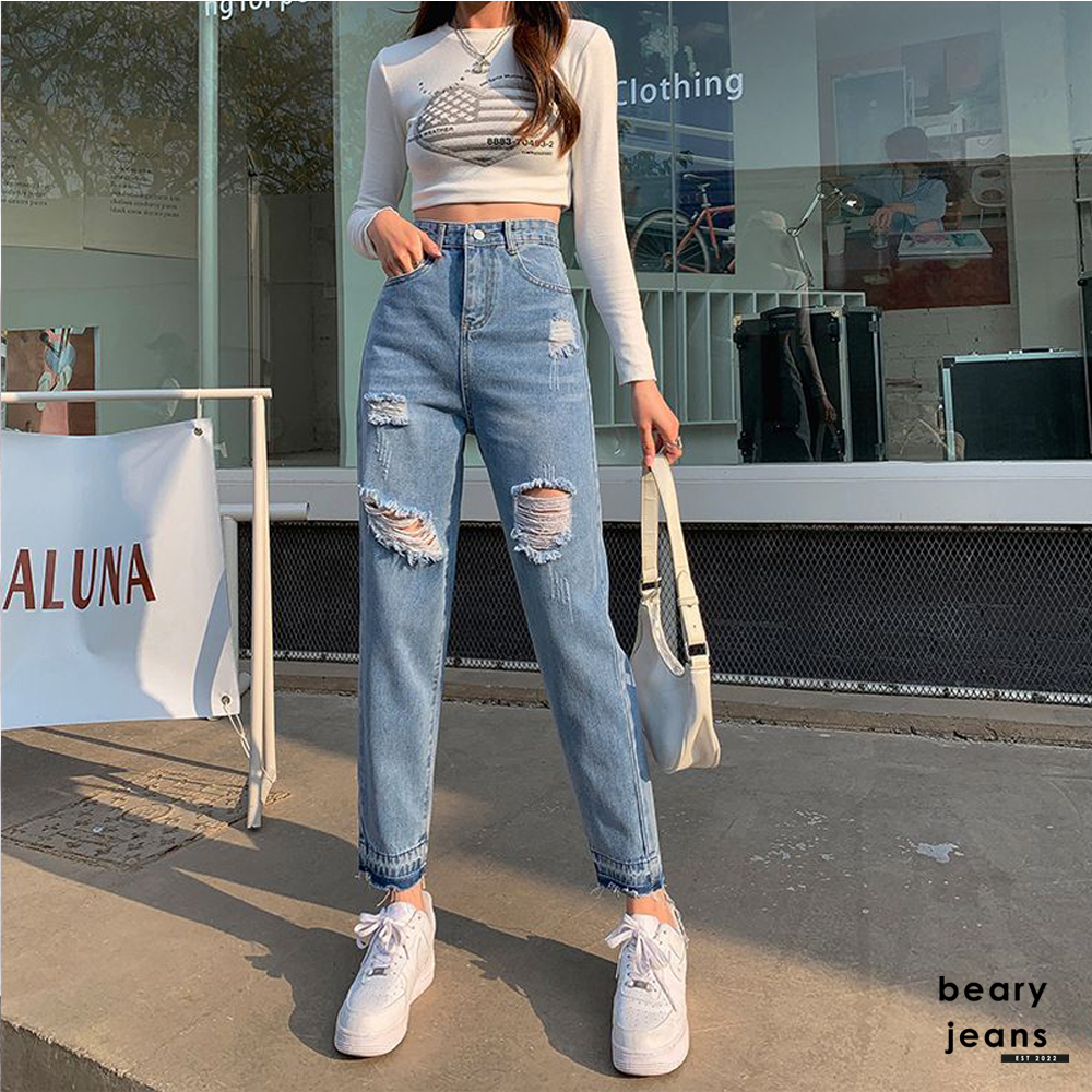 BEARYJEANS Celana Jeans Wanita Stretch Ripped Skinny High Waist Denim Pants Jeans Trousers Slim - BJ086