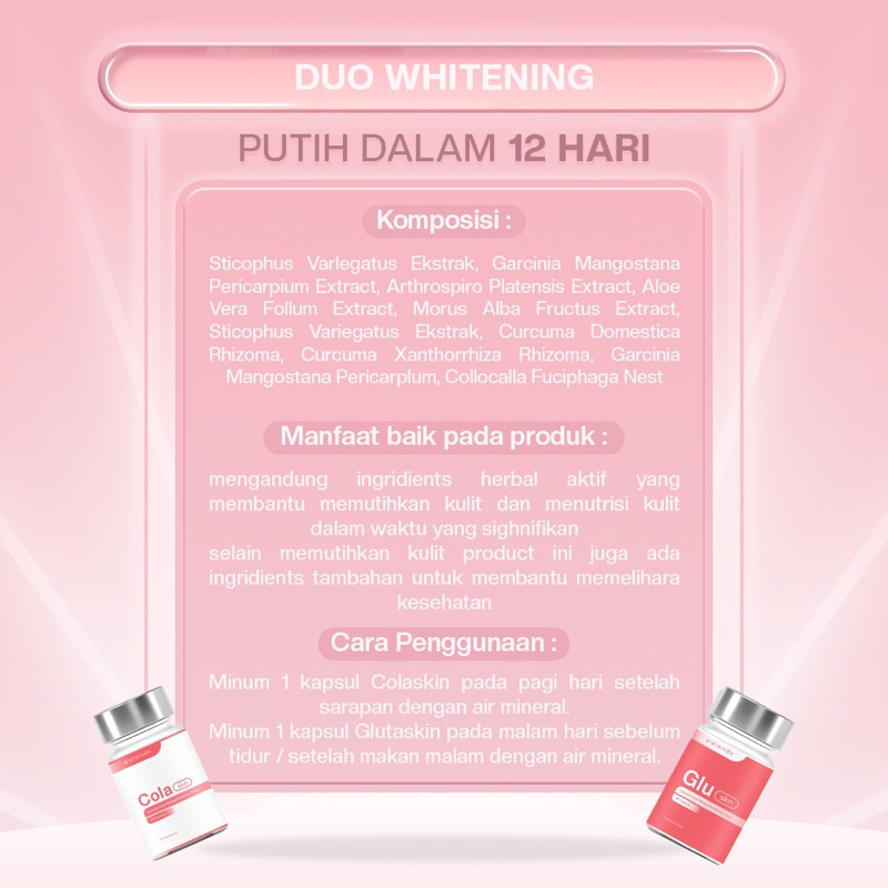 DUO WHITENING! Supplemen Kapsul Pemutih Kulit Gluskin &amp; Colaskin - Paket 2 Botol