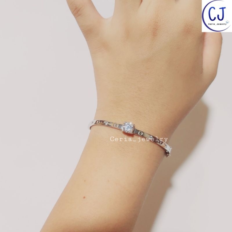 Gelang Perak Asli Silver 925 Lapis Emas Putih Model Bangle Cartir Permata - Gelang Perak Wanita