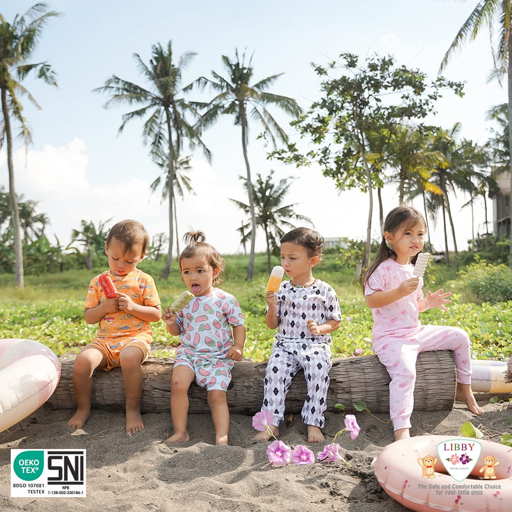 Libby Baby Setelan Oblong Cotton Rib Tipis Baju Pendek Celana Panjang Boy &amp; Girl - Libby Series Motif Basking In The Sun - LIBBY BAJU ANAK MURAH