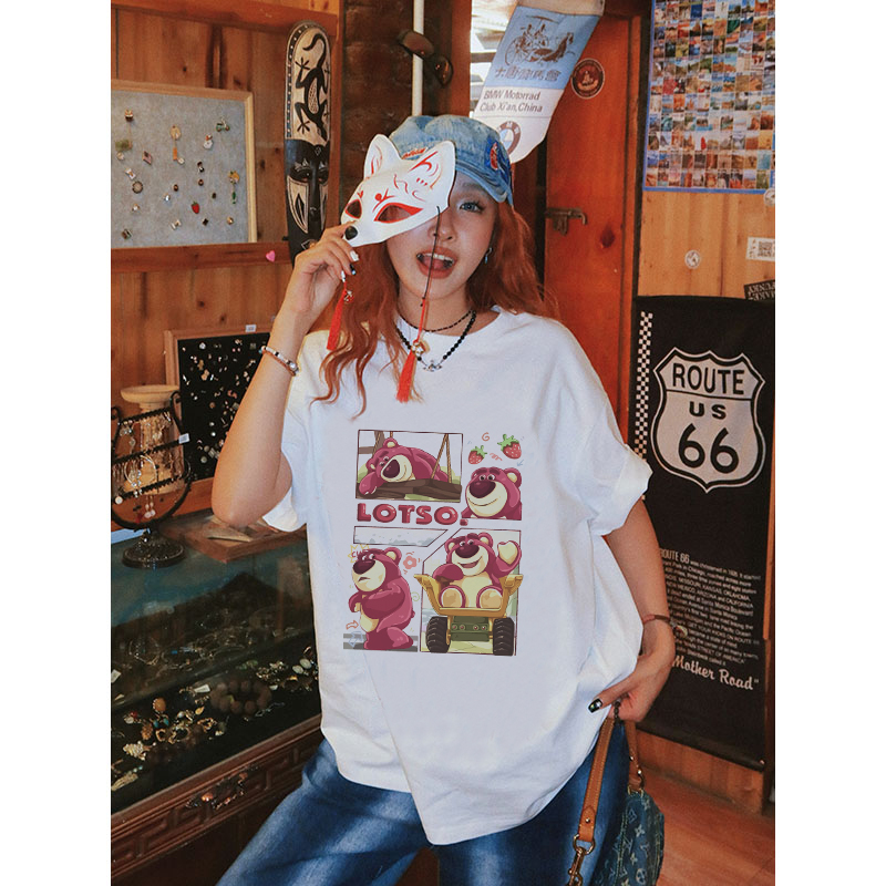 Baju Kaos Wanita Lengan Pendek Cartoon Strawberry Bear Graphic Print T-Shirt import Kaos Cream