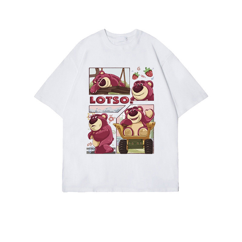 Baju Kaos Wanita Lengan Pendek Cartoon Strawberry Bear Graphic Print T-Shirt import Kaos Cream