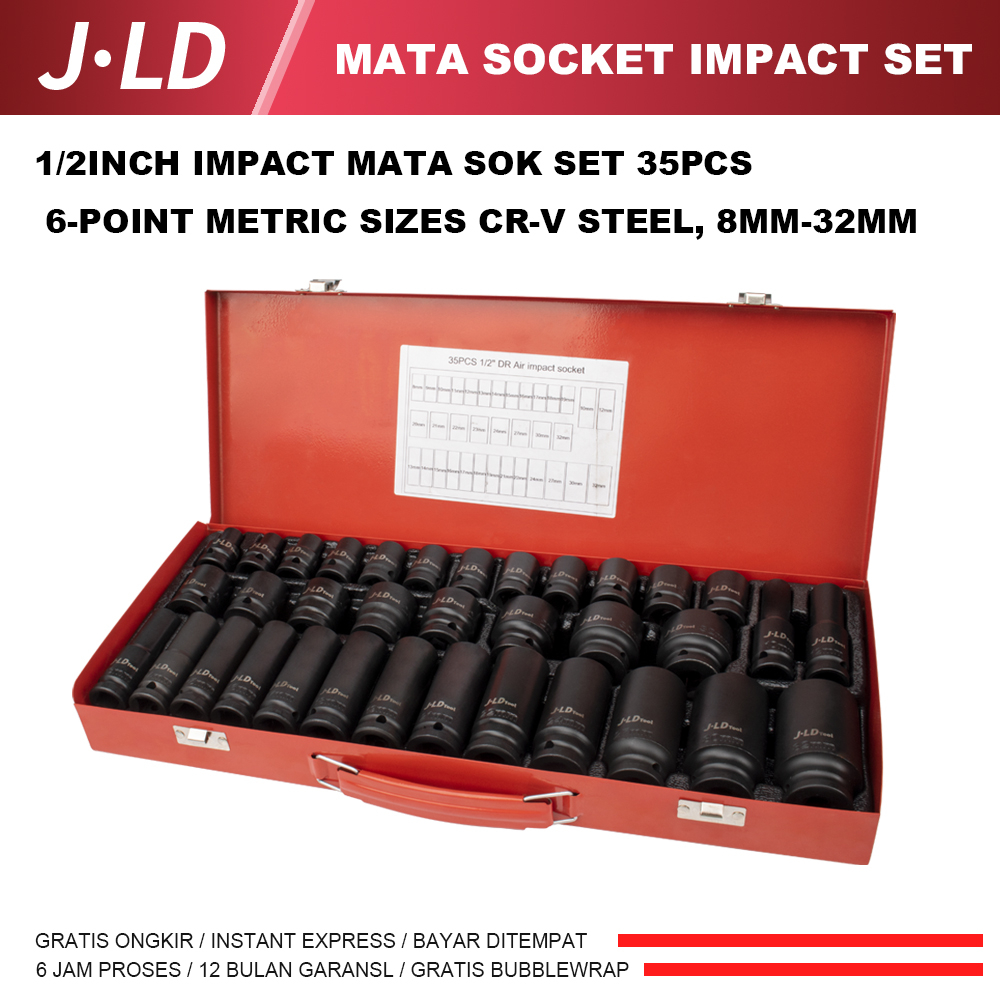 JLD 35PCS Mata Kunci shock Impact 1/2'' 8-32mm Impact Socket - 6pt kunci sok set CR-V koper besi kun