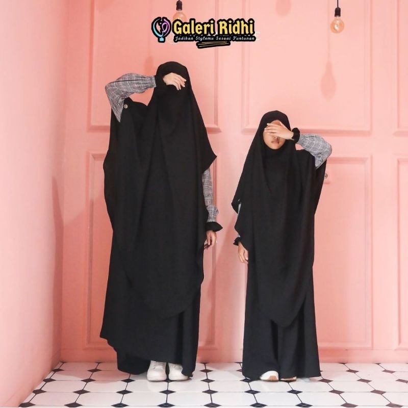 Couple Ibu & Anak Set Setelan Gamis Abaya French Khimar Lancip V Silang Cadar Instan Ori Juneperlane