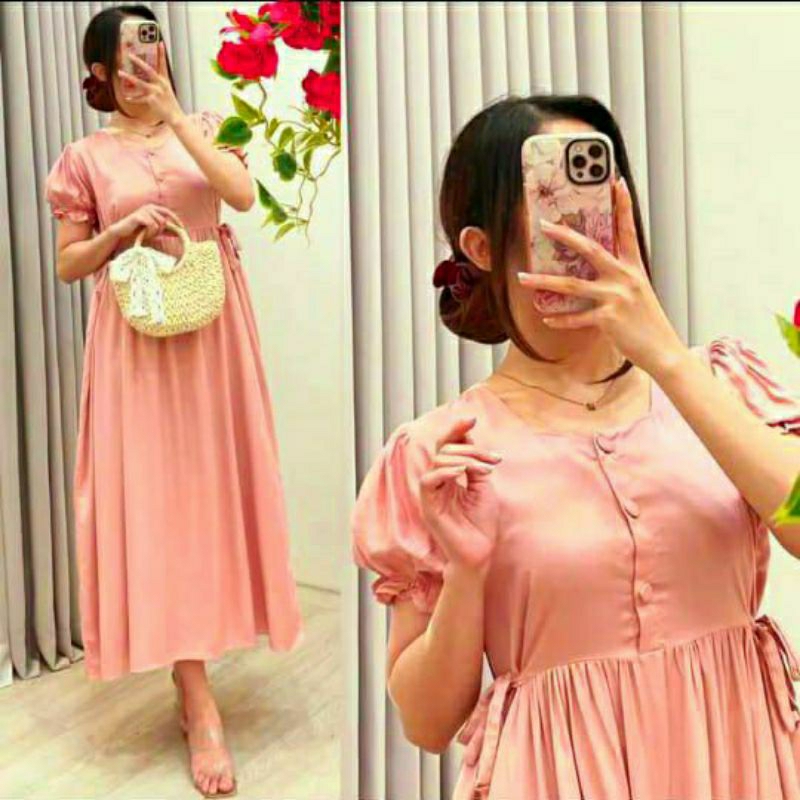 Dress Wanita Kekinian Model Chibi Lengan Kerut Busui Polos Lengan Pendek