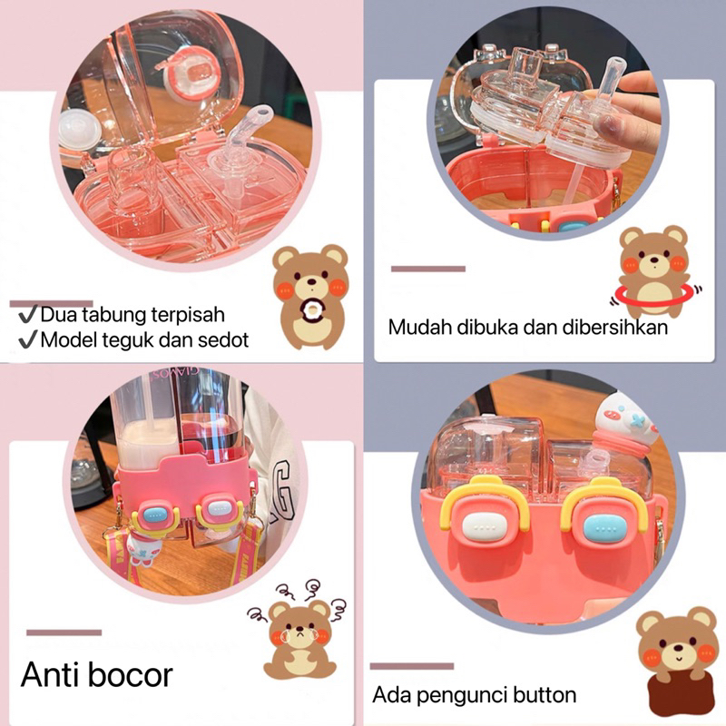 Botol Minum PC 530ML Dua Tabung Sedot dan Teguk Motif Animal Lucu