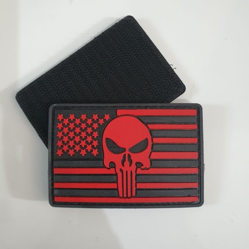 patch rubber logo tengkorak funiser dasar bendera u.s merah / tempelan emblem karet velcro