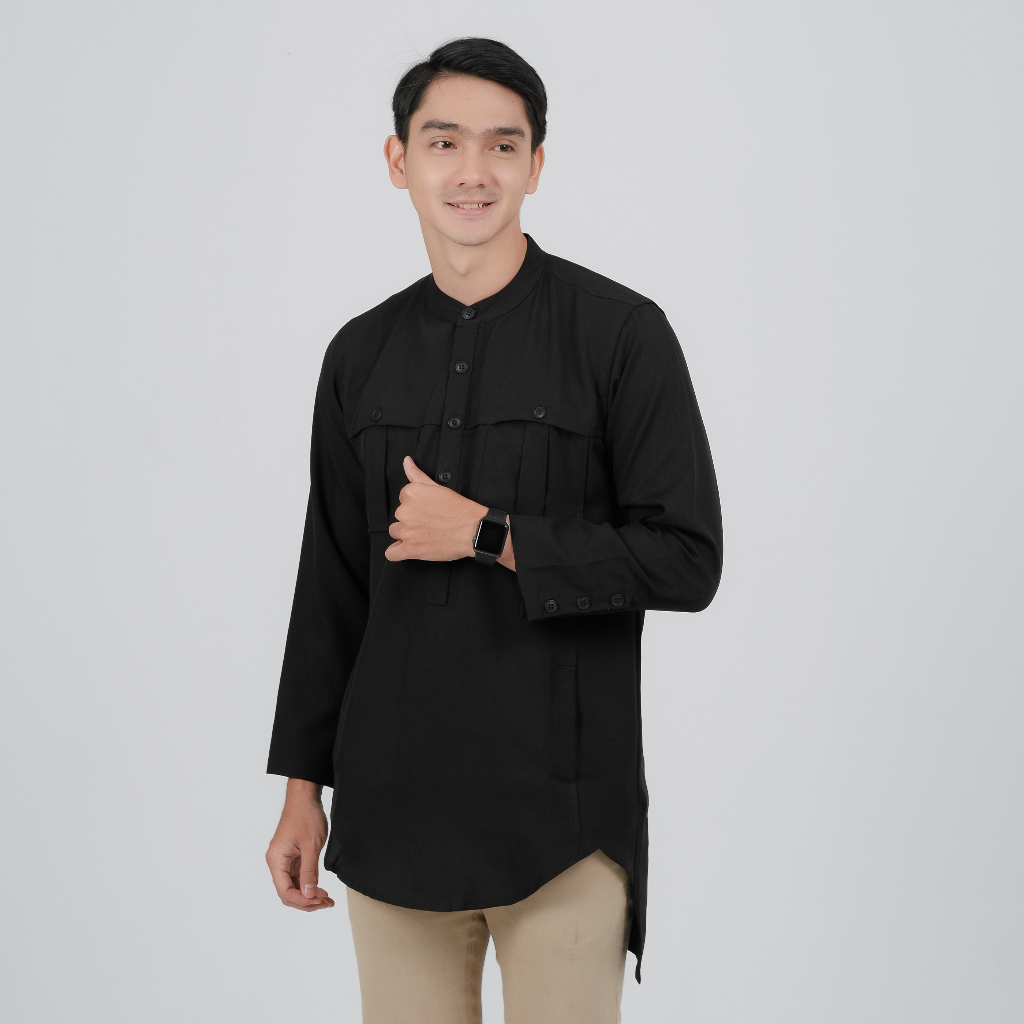 Baju muslim lengan panjang / qurta SARAWA warna hitam / baju koko tangan panjang hitam polos