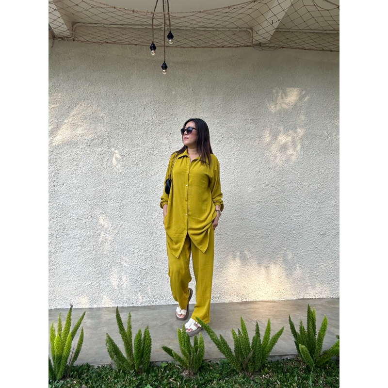 JOSHIN Fika Oneset Tunik - Setelan Kemeja Tunik Wanita BigSize Crinkle Airflow