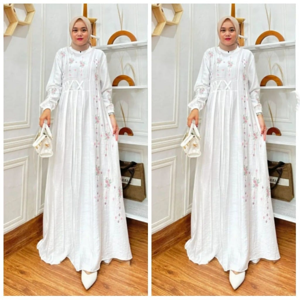 Baju Gamis Wanita Dewasa Karina Maxy Aplikasi Bordir Bahan Polo Linen Premium LD 110Cm Fit To XL Jumbo / Fashion Muslim Wanita Ziper Belakang Terbaru