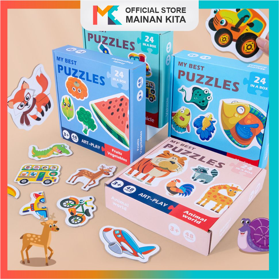 Mainan Edukasi Anak Jigsaw Puzzle Lucu dengan Gambar Hewan, Kendaraan, dan Buah-Buahan untuk Kogniti