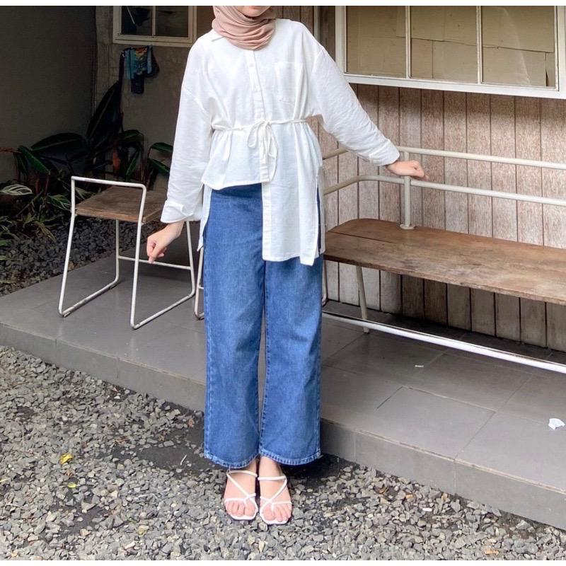 Kemeja Oversize Linen Gyaa Blouse Atasan Wanita Lengan Panjang Full Kancing Free Belt Fashion Remaja Terbaru