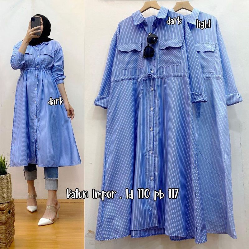 Midi Dress Katun Import Premium Motif Salur