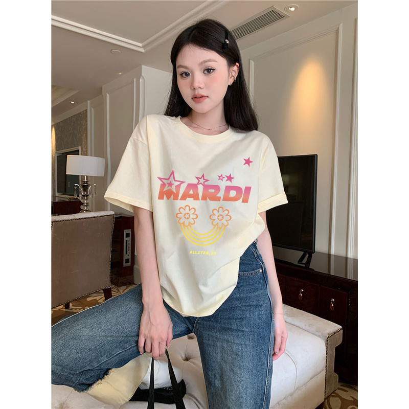 XiaoZhaiNv Kaos Atasan Oversize Wanita Gradient Rainbow Pattern Lengan Pendek A0937