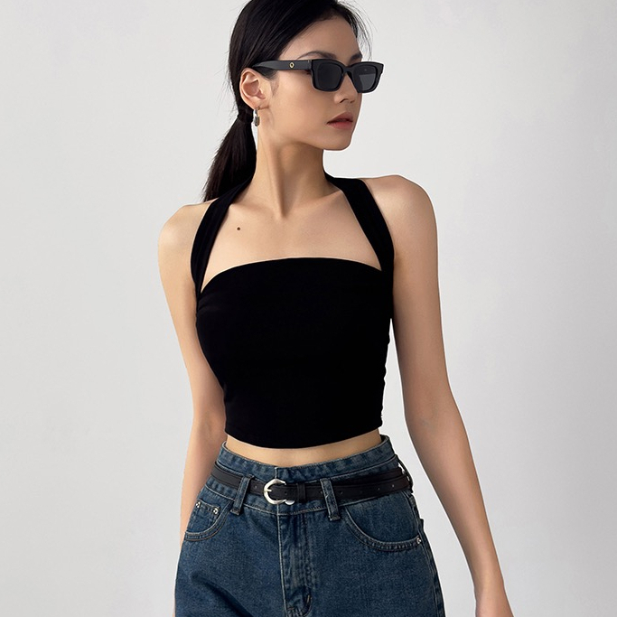 【AMY J】Splice Detail Backless Hanky Hem Halter Top 7057